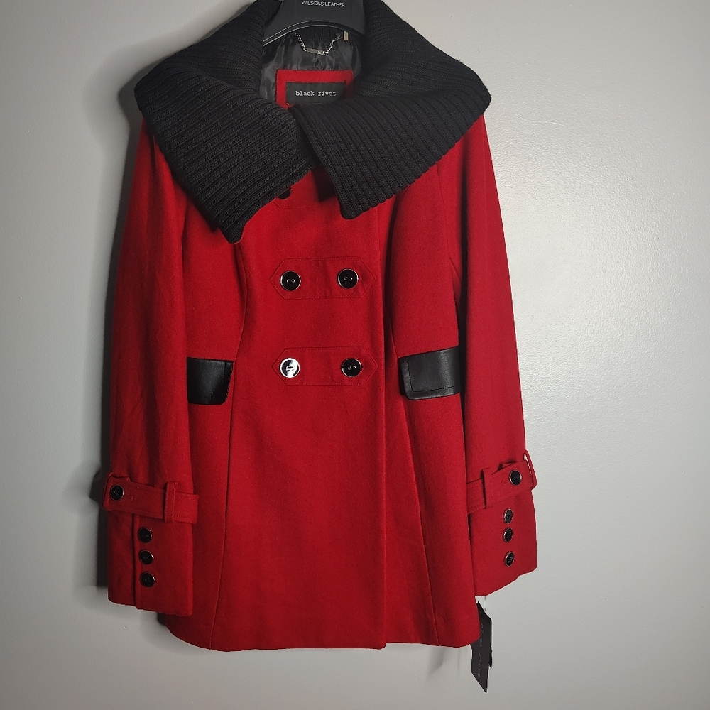 Black Rivet Red Black Wool Blend Pea Coat Women's Extra Small XS NEW